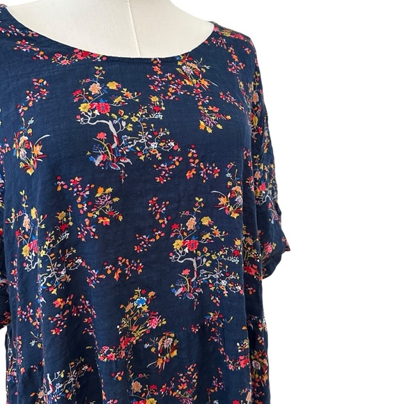 Women's 2X Blue Floral Casual Curvy Babydoll Midi PLUS Short Sleeve Cotton Dress - Picture 4 of 9